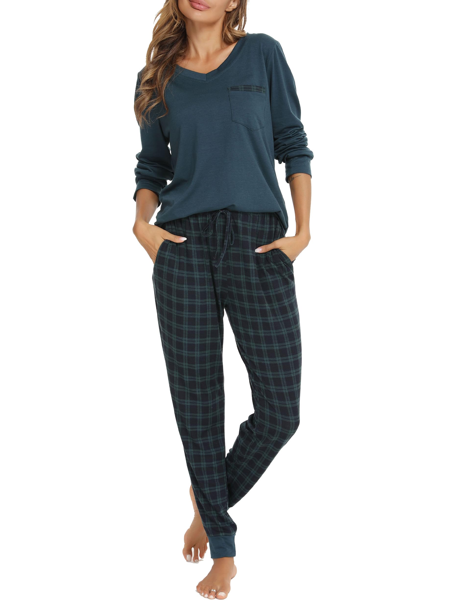 Vlazom Pyjamas Set for Women, Soft Two Pieces Pj's Sets Long Sleeve Tops and Plaid Pants S...
