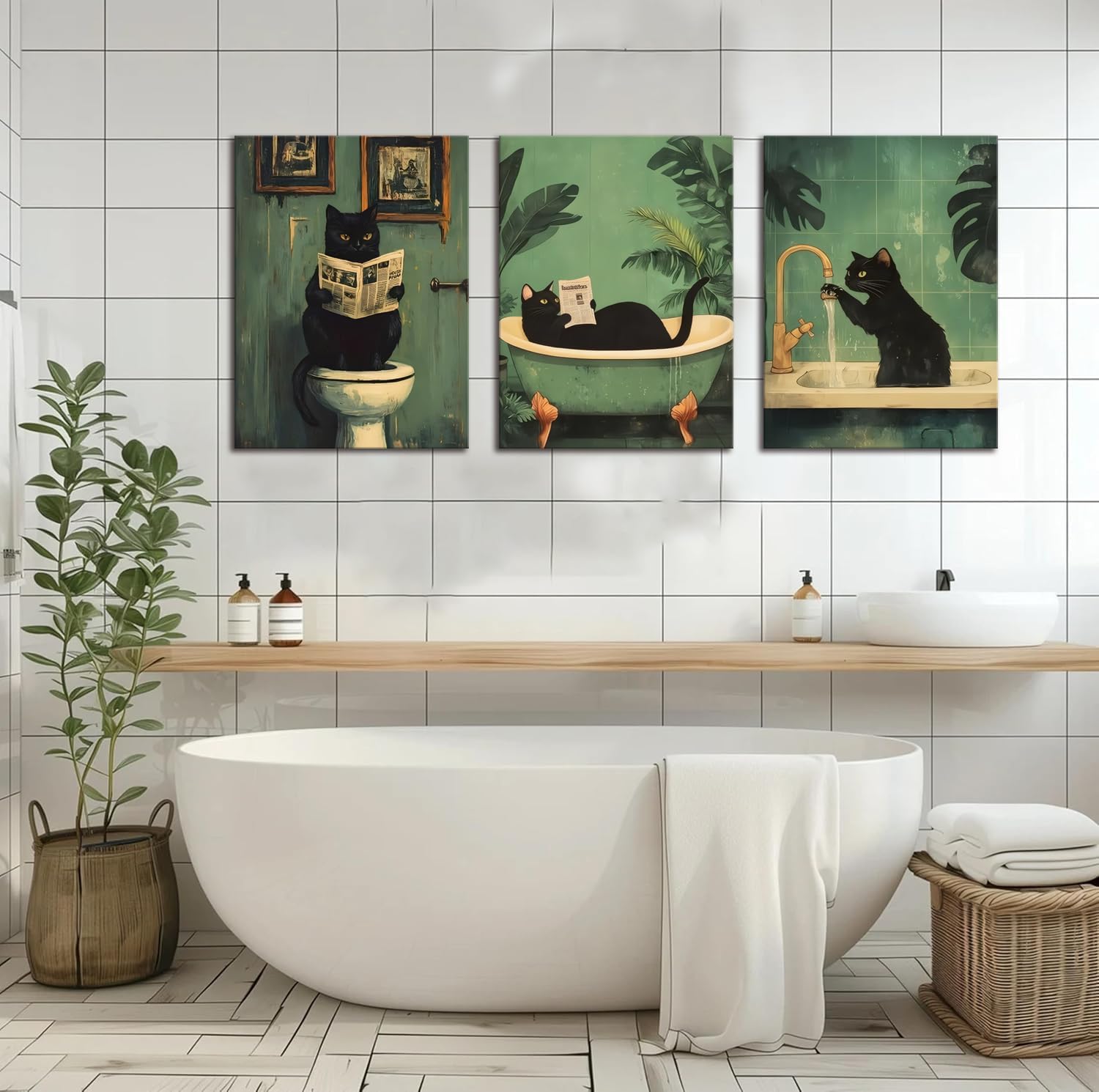 3 Pcs Funny Bathroom Black Cat Wall Art Cute Animal Canvas Posters Wall Decor Maximalist Pet Cat Prints Picture Aesthetics Whimsical Quirky Room Decor Pictures 12x16 Inch Framed