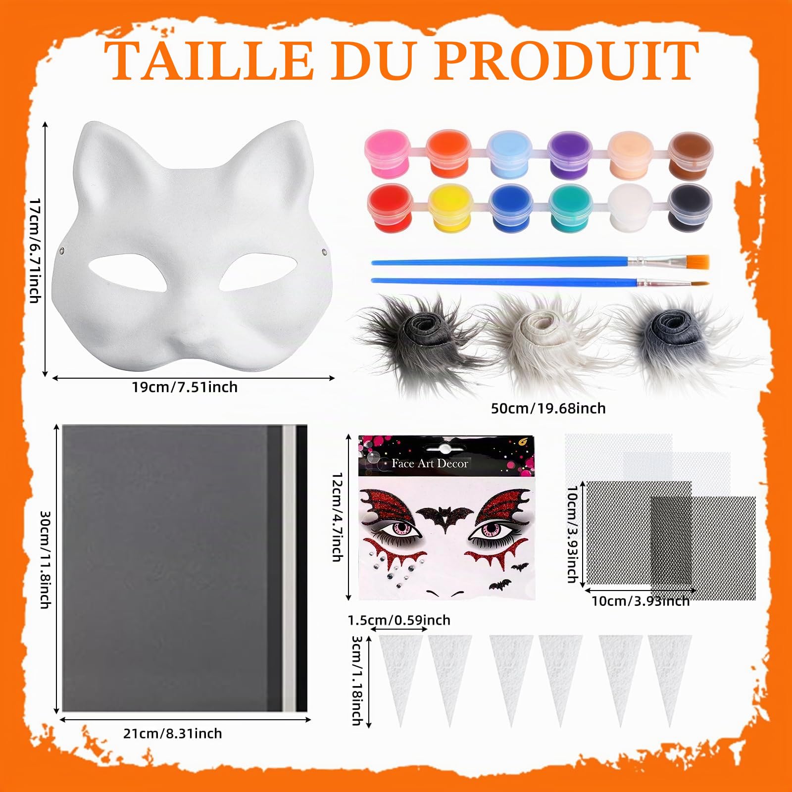 Masque thérien pour chat - Masque de furry - Film en maille plastique - Fourrure synthétique - Pinceau en maille - Couleurs pour cosplay et Halloween