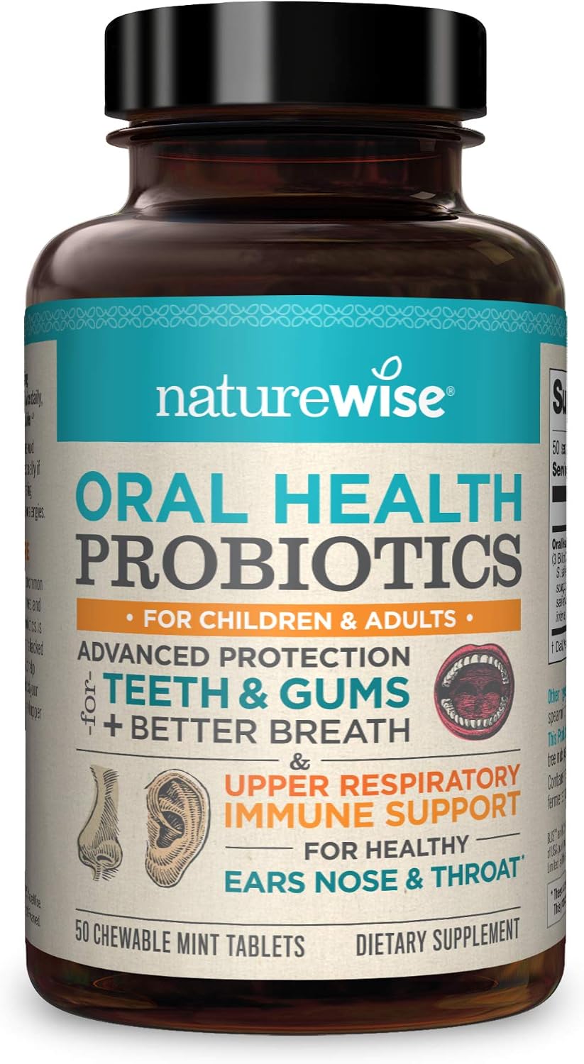 NatureWise Oral Health Chewable Probiotics | Supports Healthy Teeth, Gums, & Better Breath | Ear, Nose, Throat Immunity for Kids & Adults | Sugar-Free Natural Mint Flavor [2 Month Supply - 50 Tablets]