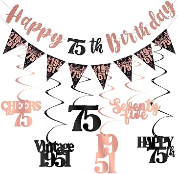 75th Birthday Decorations for Women, Black Rose Gold Happy 75th Birthday Banner Hanging Swirls Vintage 1951 Decorations Kit Cheers to 75 Party Supplies