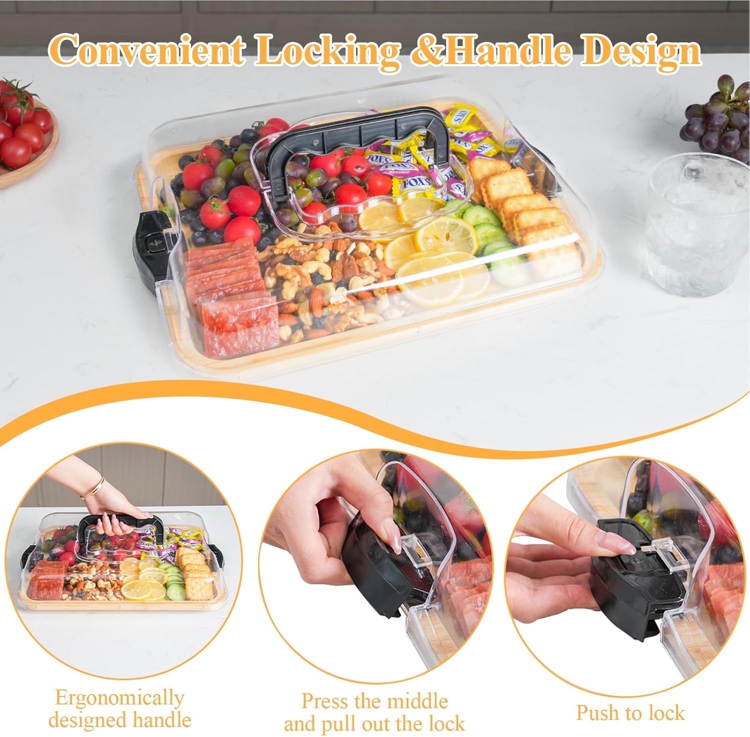 Charcuterie Board with Clear Locking Lid, Travel Portable Cheese Board Set, Bamboo Cutting Boards for Kitchen, House Warming Gifts New Home, Gifts for Women (Black - 1 Compartments) - Image 5