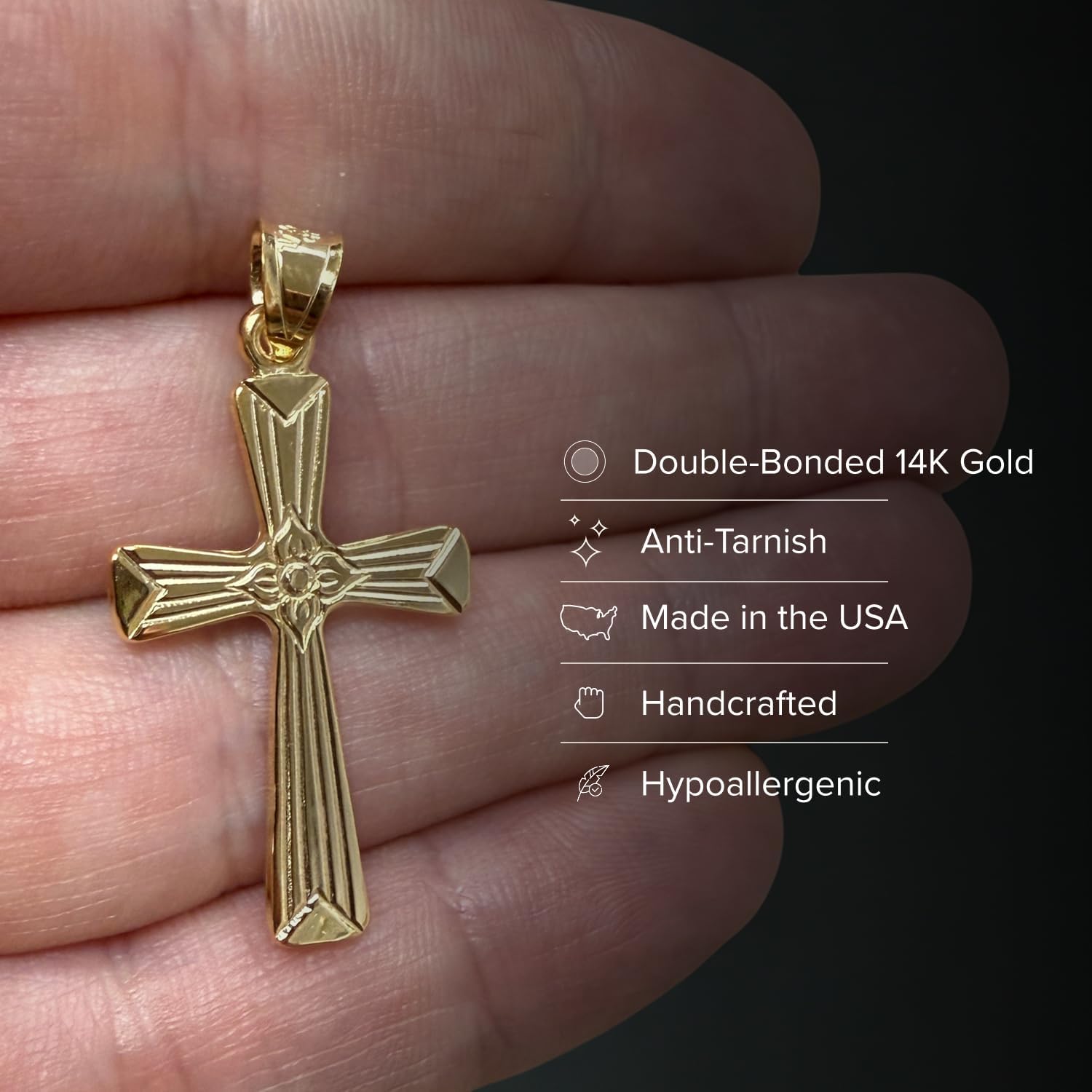 CROSS + CROWN Premium 14K Yellow Gold Cross Pendant, Durable Double-Bonded 14K Pendant for Necklace, Women & Mens Gold Cross for Chain, Handcrafted Religious Jewelry in the USA, 1x1/8 - Image 2