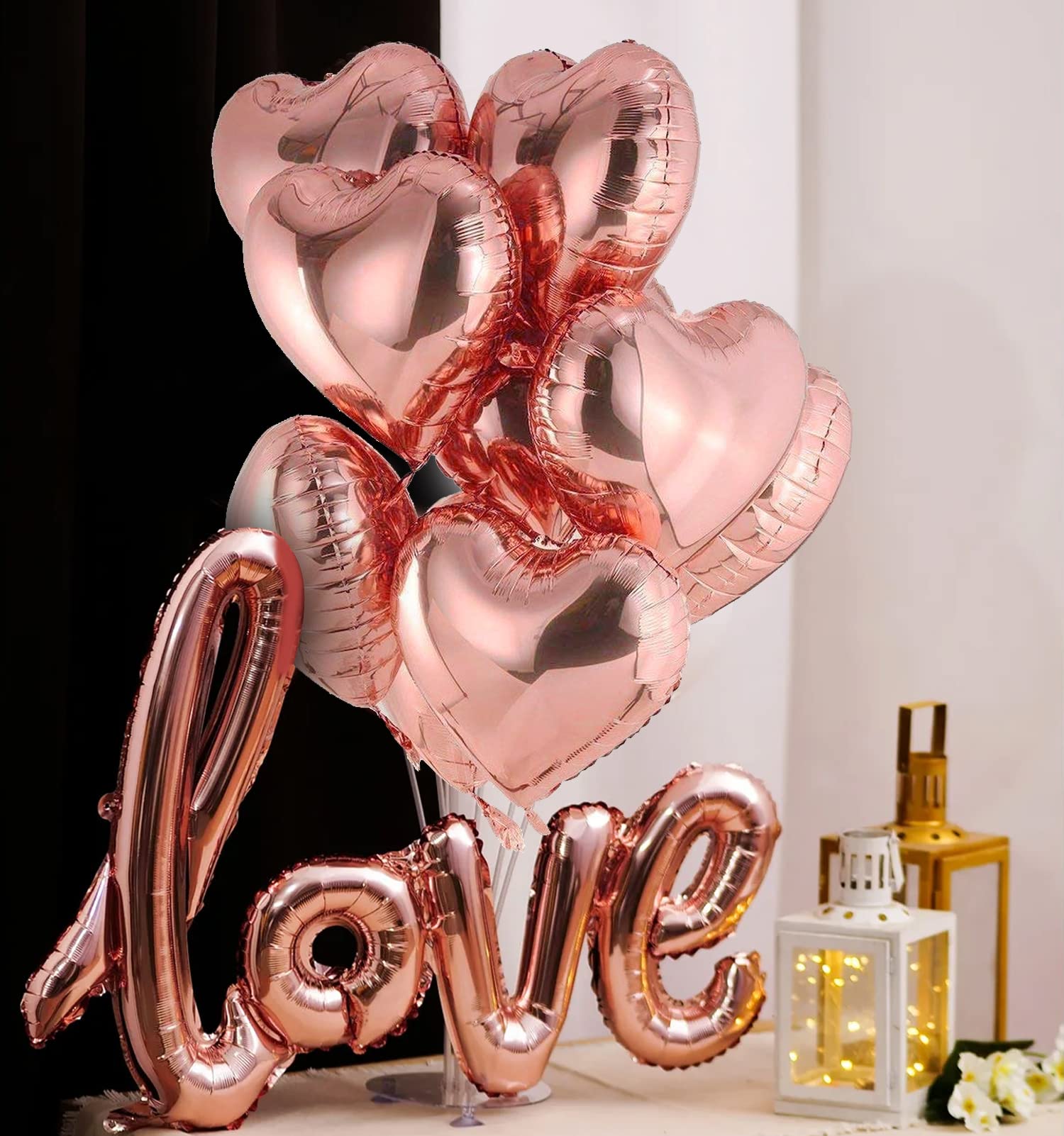 Party Propz Valentine Day Special Decoration - 11 Pcs Rose Gold Heart & Love Foil Balloons, Valentine Balloons Decorations, Valentine Gift, Love Balloons For Decoration, Anniversary Decorations Items