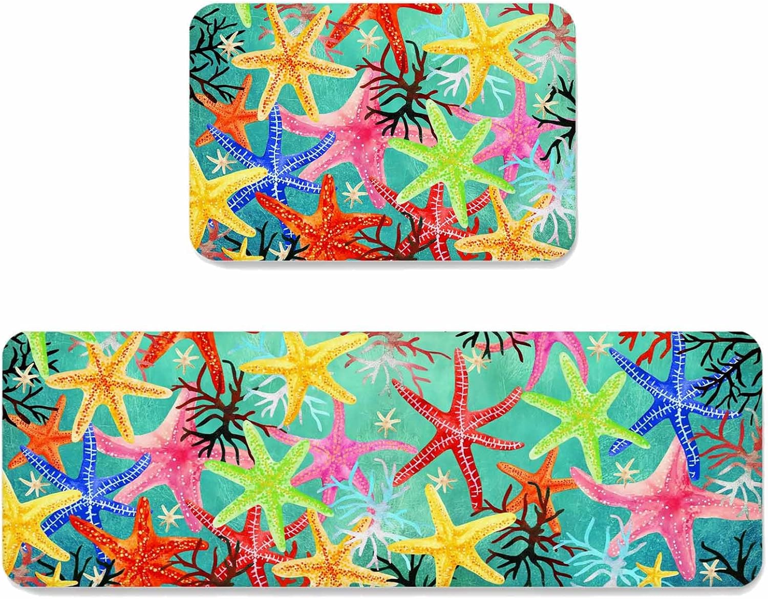 Marine Life Kitchen Mat Set 2 Pieces Red Yellow Pink Blue Green Orange Starfish Coral Summer Non Slip Kitchen Rugs Washable Runner Rug Mats for Floor Sink Laundry Office 19.7" x 31.5"+19.7" x 47.2"