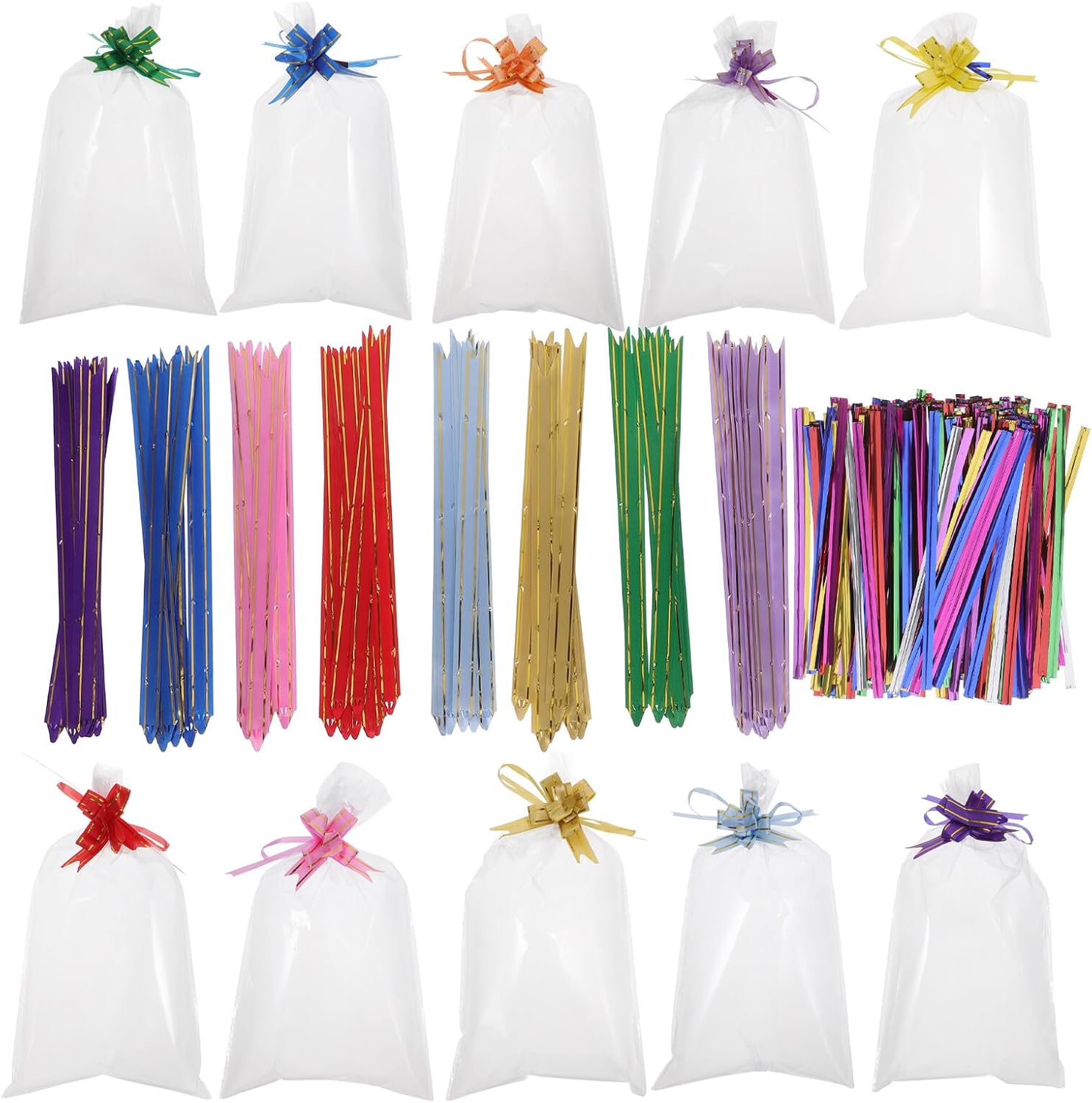 ARTIBETTER 400pcs Cellophane Bags 15x25cm with Pull Bows and Twist Ties, Cookie and Candy Packaging Goodie Bags for Party Favors and Wrapping