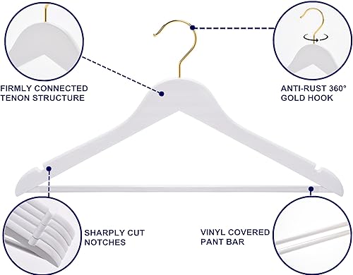 Miniatura 10 de Amber Home Paquete de 30 perchas de madera para abrigos, perchas de madera natural con barra antideslizante para pantalones, perchas para camisas