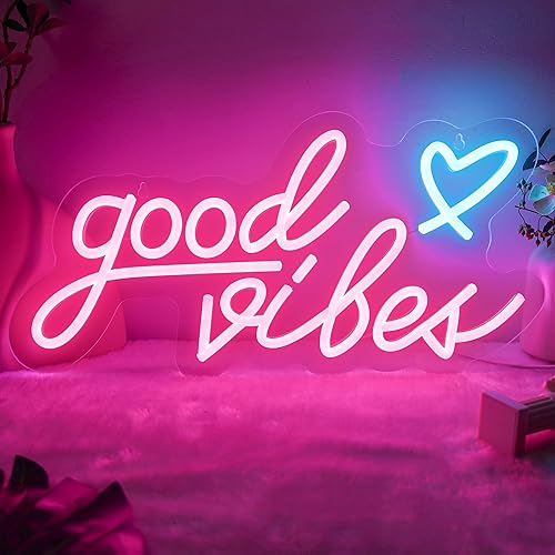 Good Vibes - Letrero de neón rosa con corazón, luces LED rosas de 15.7 x 8 pulgadas, funciona con USB, letrero LED Good Vibes para dormitorio,
