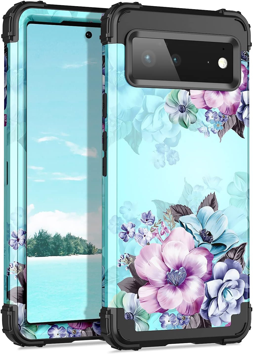 Casetego Compatible with Google Pixel 6 Case,Floral Three Layer Heavy Duty Sturdy Shockproof Full Body Protective Cover Case for Google Pixel 6,Blue Flower