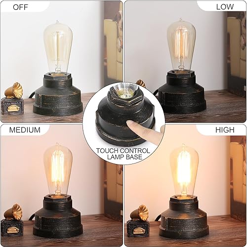 Miniatura 2 de Boncoo Base de lámpara de mesa pequeña con control táctil, luz táctil industrial, base de bombilla Edison vintage, regulable para mesita de noche,