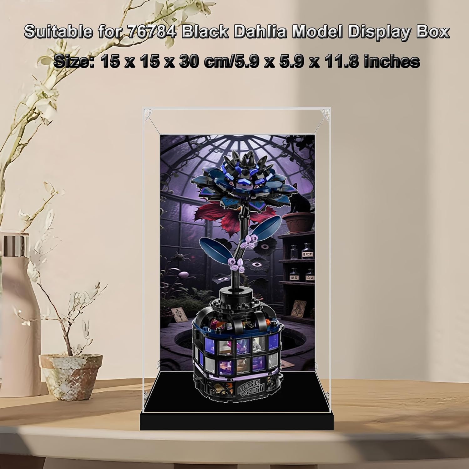 Acrylic Display Case for Lego 76784 Wednesday Black Dahlia Potted Plant, Dustproof Box, Storage Box, Transparent Box, Display Box Compatible with 76784 (Box Only) (Background 3mm A)