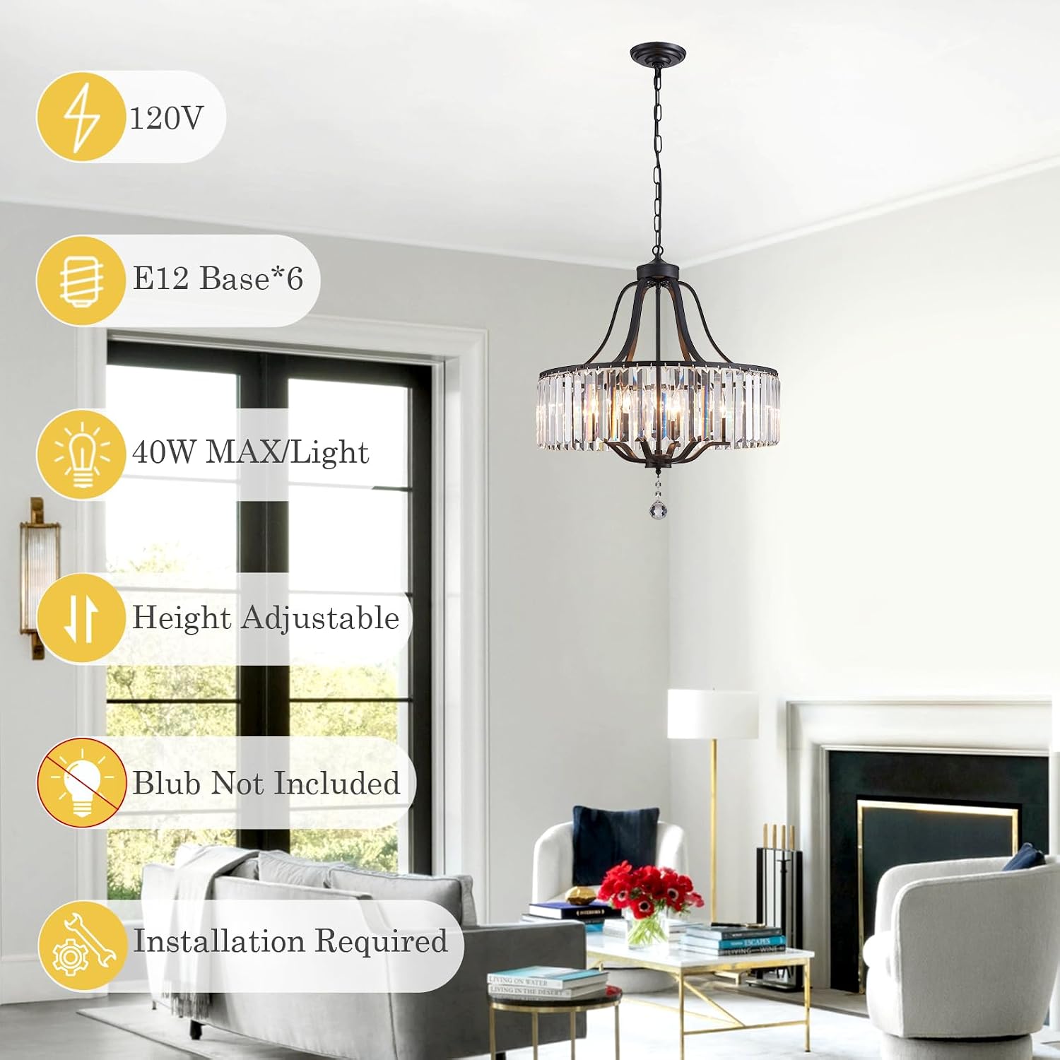 Black Crystal Chandelier 6-Light Modern Farmhouse Dining Room Light Fixtures Over Table Round Large Hanging Light for Living Room Kitchen Hallway Bedroom Foyer 21.7 Inch