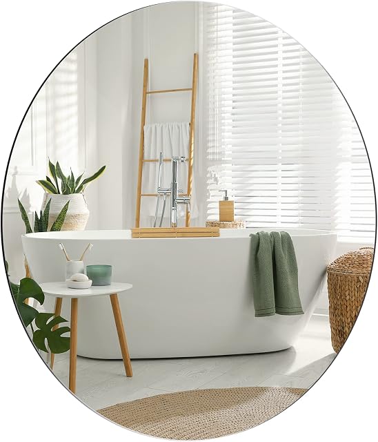 Dripex 50 x 50cm Frameless Bathroom Mirror, Round Wall Mounted Mirror with Polished Edge & Pre-installed Hole - Best for Bathroom, Hallway, Bedroom & Living Room