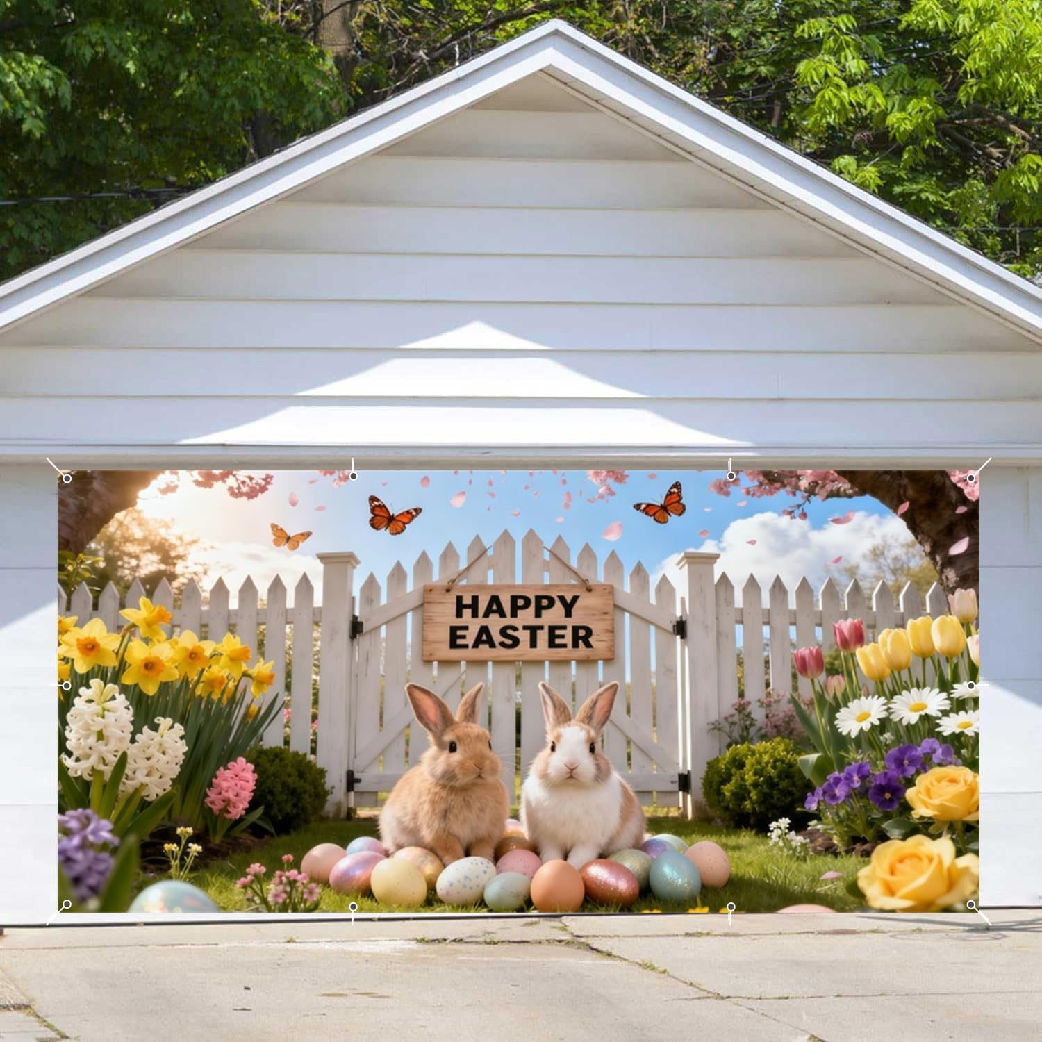 7x16ft Spring Easter Fence Garage Door Cover Bunny Easter Garage Door Decorations Banner for Kids Family Indoor Outdoor Spring Party Decor Photography Backdrop