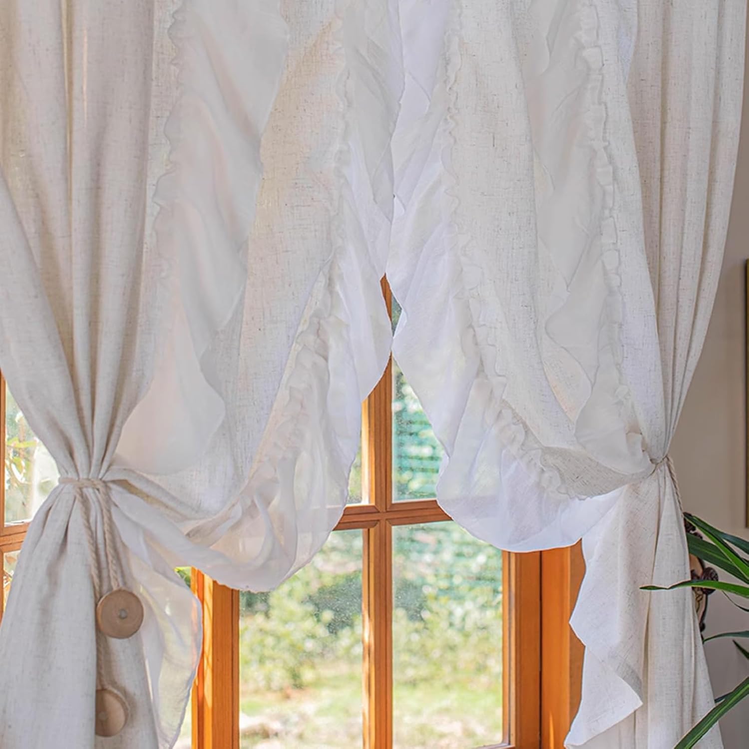 Semi Blackout Short Curtains, Pastoral Rod Pocket Kitchen Linen Small Window Treatments, Ruffle Half Window Curtain for Living, Dining Room, Bedroom, 2 Panels (Color : Beige, Size : WxH 200x180cm/79