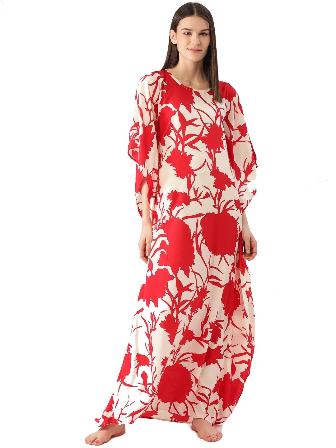 cottinfab Red & White Maxi Printed Kaftan Style Nightdress-picture-33