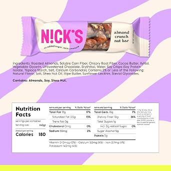 N!CK'S Keto Nut Bar Almond Chocolate, Keto Nut Snack for Sports, Hiking & Outdoor Activities, 1G sugar, 3G net carbs, healthy snack (pack of 12) 40.0 grams