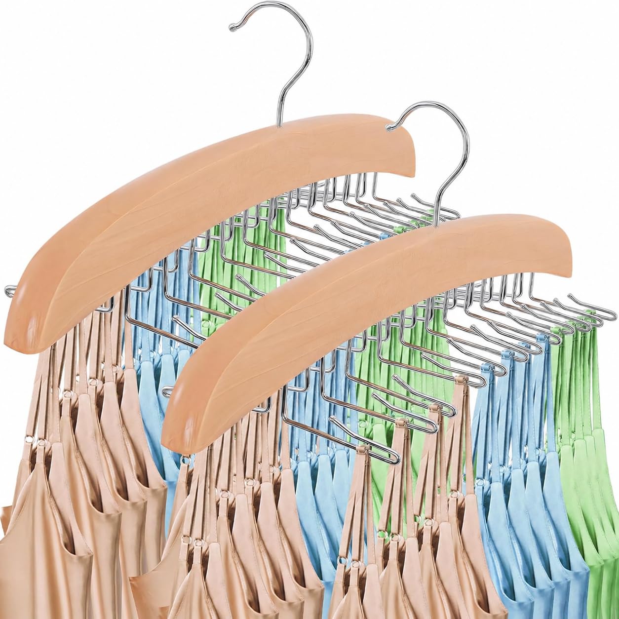 2Pcs Tank Top Hanger,Wood Bra Hanger with 24 Foldable Hooks,360° Rotating Bra Organizer for Closet,Tank Top Hangers Space Saving Closet Organizer for Tank Tops Bras Ties Belt,Scarf (Natural Wood)