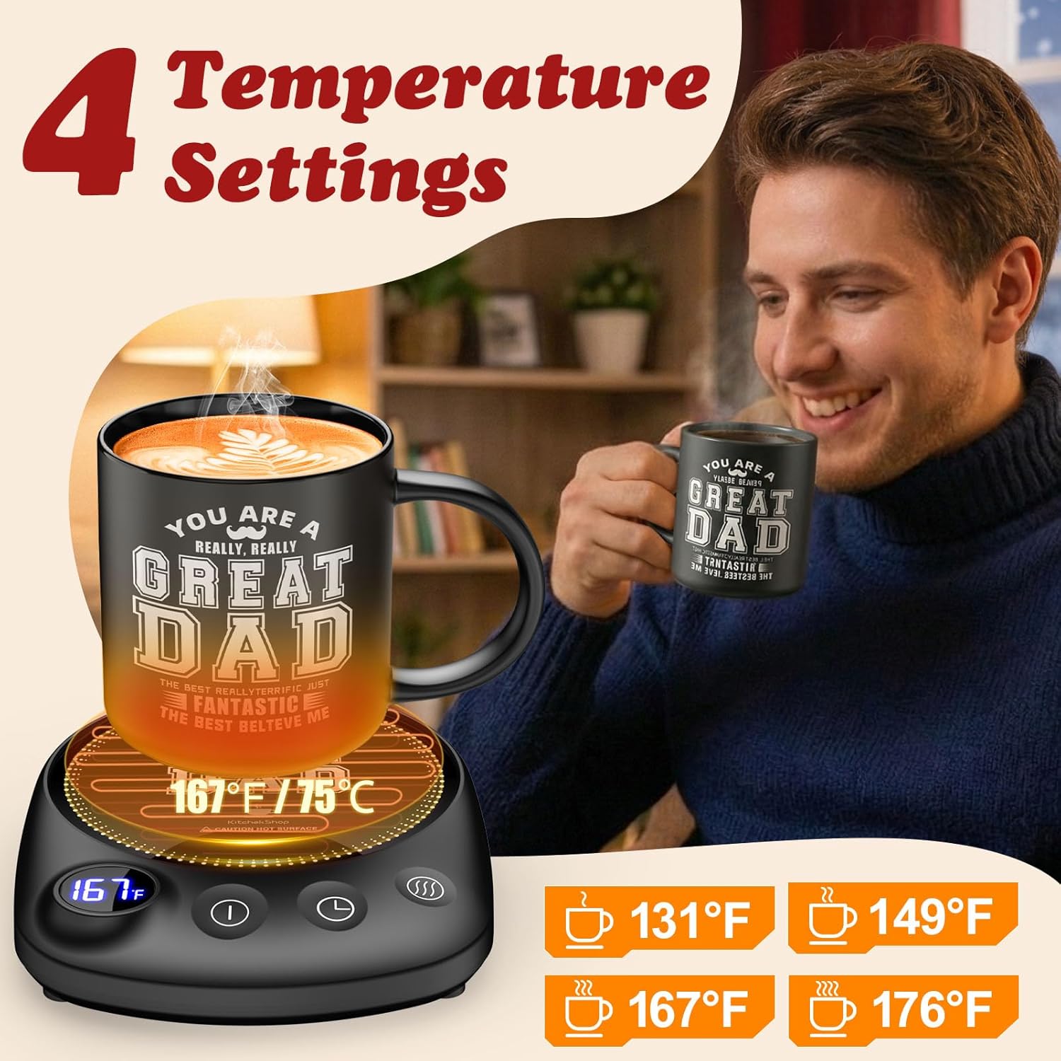 Coffee Mug Warmer Set with Smart Timer & Adjustable Temperature – Perfect Gift for Dad, Seniors, & Coffee Lovers – Auto Shutoff & Perfect Set for All Mugs