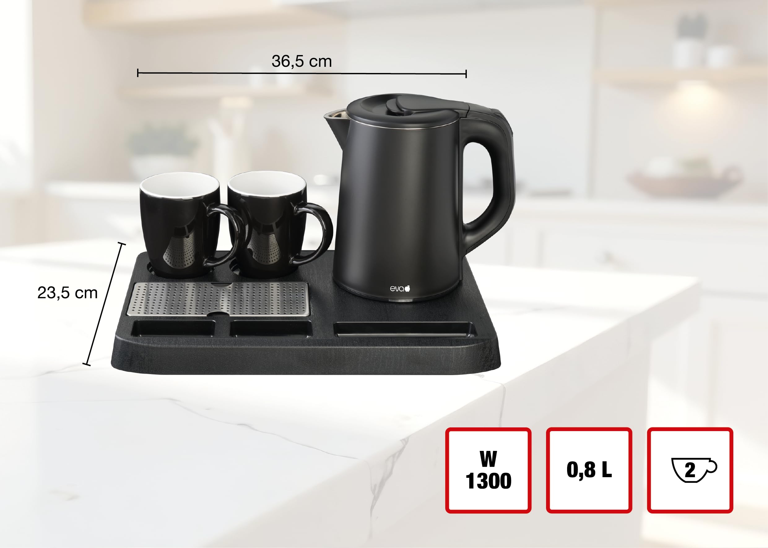 EVA® Set bollitore WK9102 - Nero – 0,8 litri - Acciaio inox a doppia parete – 2 tazze in ceramica – Softtouch – Set 4 pezzi - 1360W - per B&B, Hotel, Affittacamere