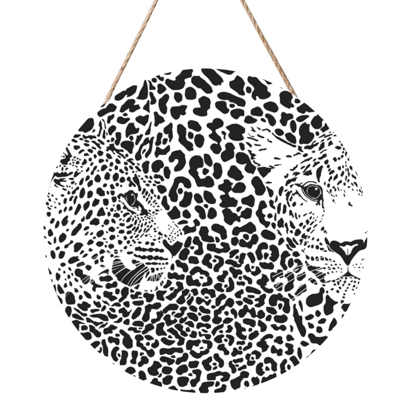 InOmak Leopard Tiger Print Black And White, Round Wood Panel Painting 12 in, Wall Hanging Painting For Home