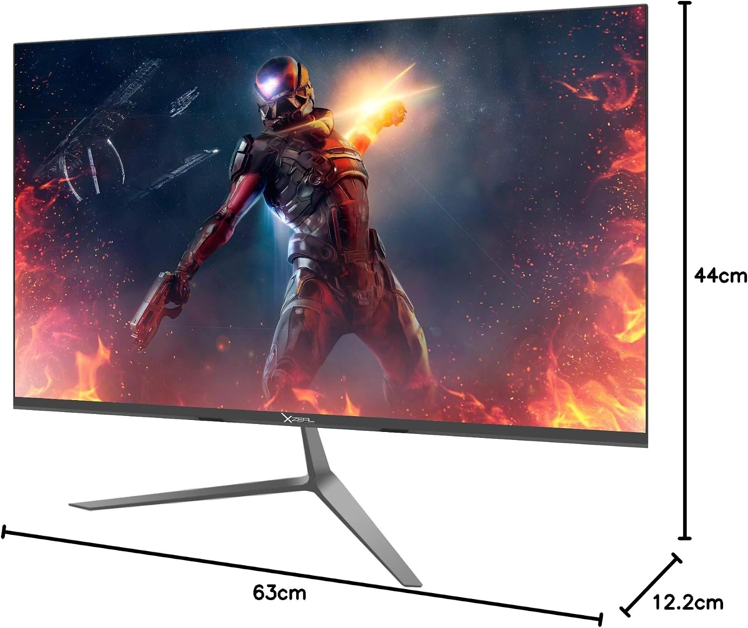 Diagram showing the dimensions of the Xzeal monitor: 63cm width, 44cm height, 12.2cm depth.