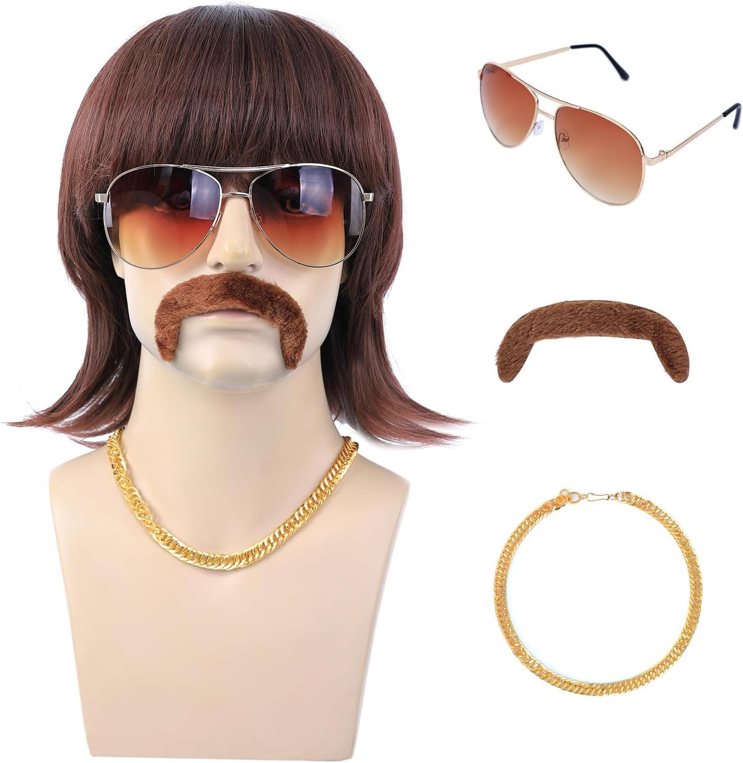 KASTWAVE 5pcs Set, 70s 80s Disco Wig with Mustache Glasses and Chain, Short Brown Men's Mullet Wig for 60s Singer Rocker Hippies Costume Cosplay Party