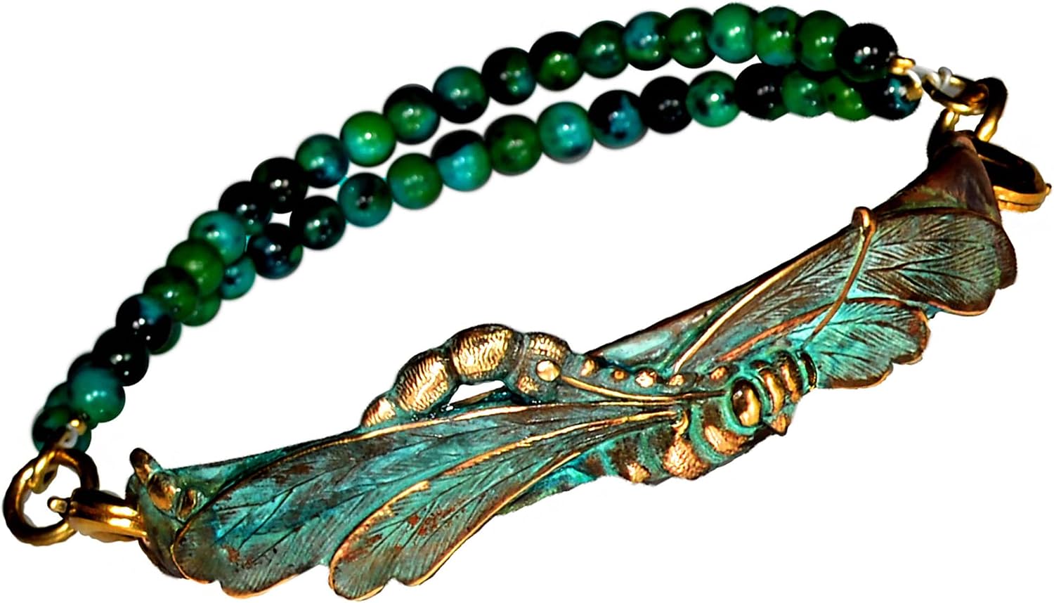 Verdigris Patina Solid Brass Realistic Dragonfly Medium Bracelet image 2