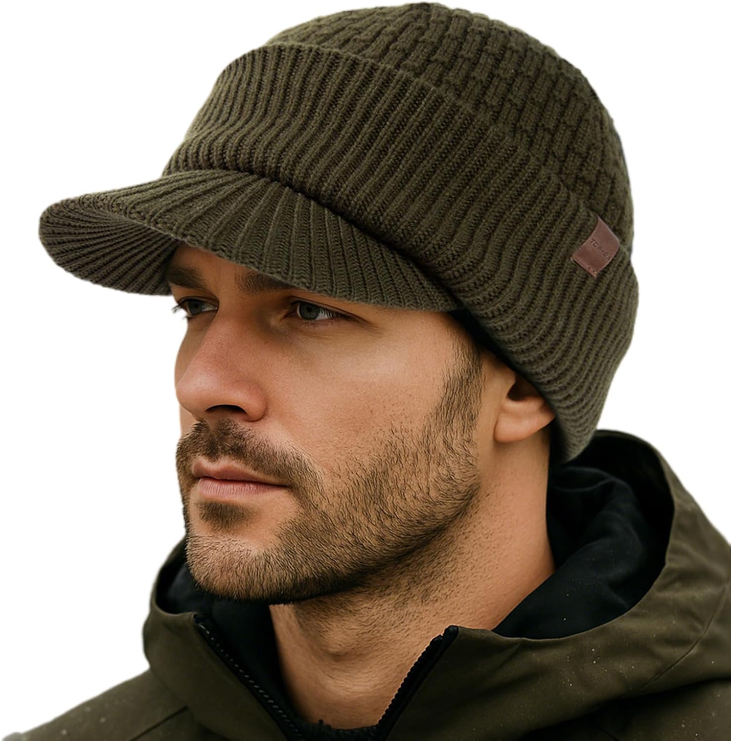 TOP-EX PolarWool™ 100% Merino Wool Winter Hat for Men Fleece Lined Visor Beanie with Brim Outdoor Knit Cap for Cold Weather