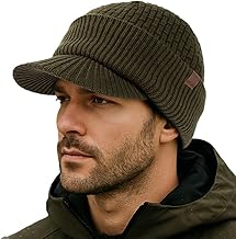 TOP-EX PolarWool 100% Merino Wool Peaked Cap Men Women Winter Knitted Beanie Hat with Fleece Lining for Outdoor Running Ski, M-XXL