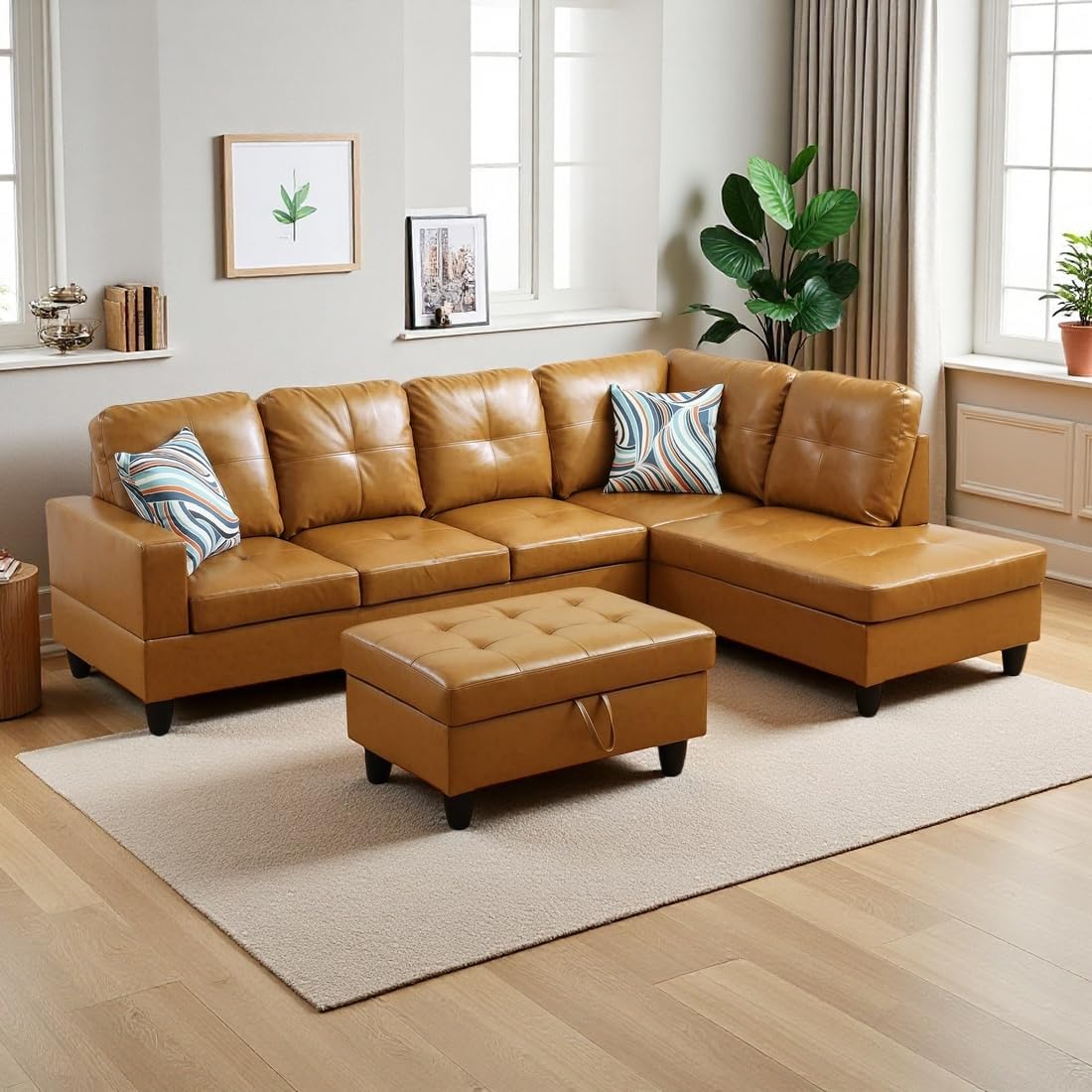 Sectional Sofa Couch with Ottoman, Modern L-Shaped Couch, 103.5" Modular Sectional Sofa Set, Faux Leather Black Corner Chaise Lounge for Living Room, Apartment, Office (Left Chaise, Black)