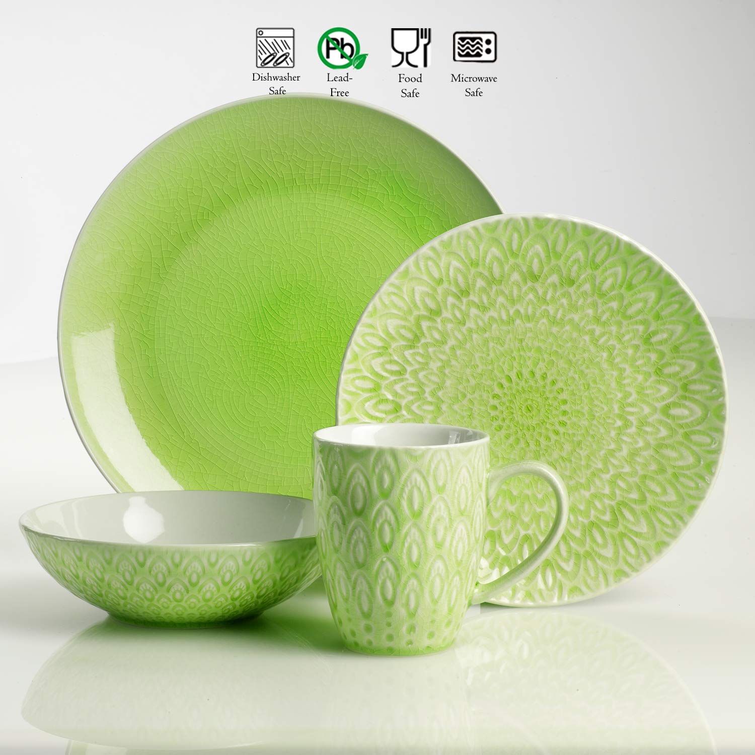 Green PK20605G Euro Ceramica 16Piece Peacock Dinnerware Set