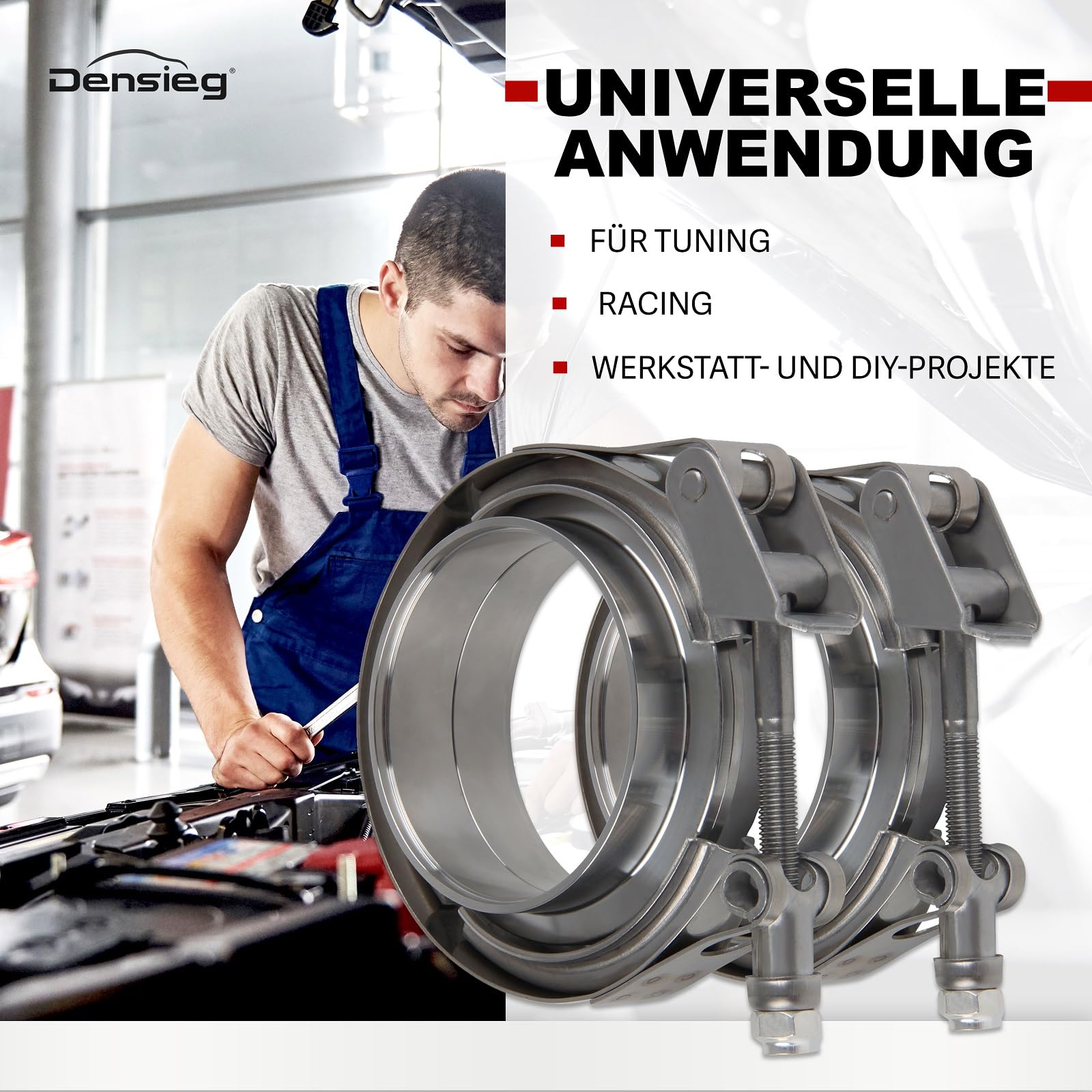 2 zaciski V-Band + kołnierze – obejma do rury wydechowej ze stali nierdzewnej, zestaw do Turbo, Downpipe – Quick Release (2 x Ø 101,6 mm (4")