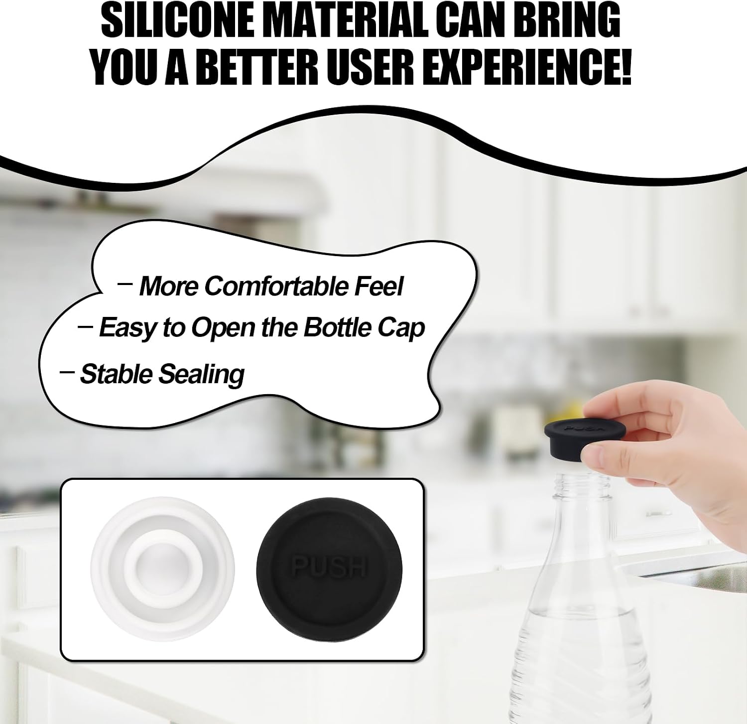 4pcs Soda Bottle Lids, Silicone Reusable Drink Water Bottle Sealing Cap Cover Replacement Parts Compatible with Sodastream Glass Bottle(Black & White)