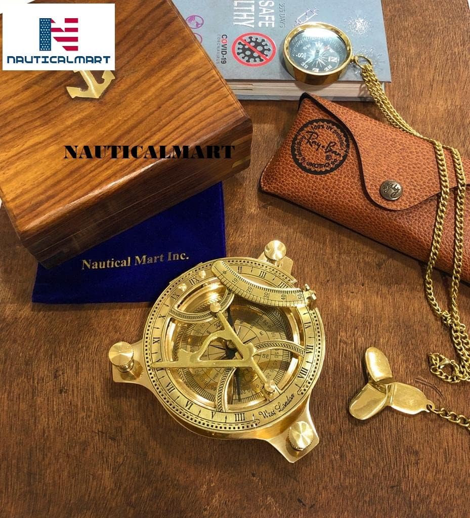 Brass Sundial Compass Marine Boat Gift Pocket Sun Dial in Box Nautical Marine Gift Sun Clock Pirate Ship Replica Watch