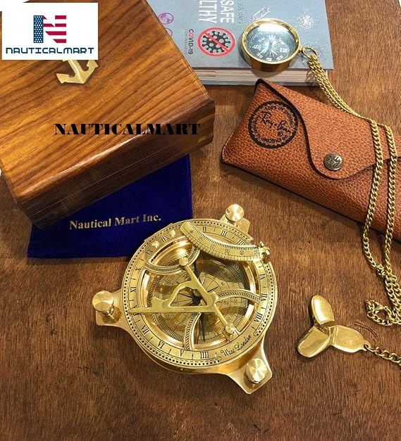 Brass Sundial Compass Marine Boat Gift Pocket Sun Dial in Box Nautical Marine Gift Sun Clock Pirate Ship Replica Watch