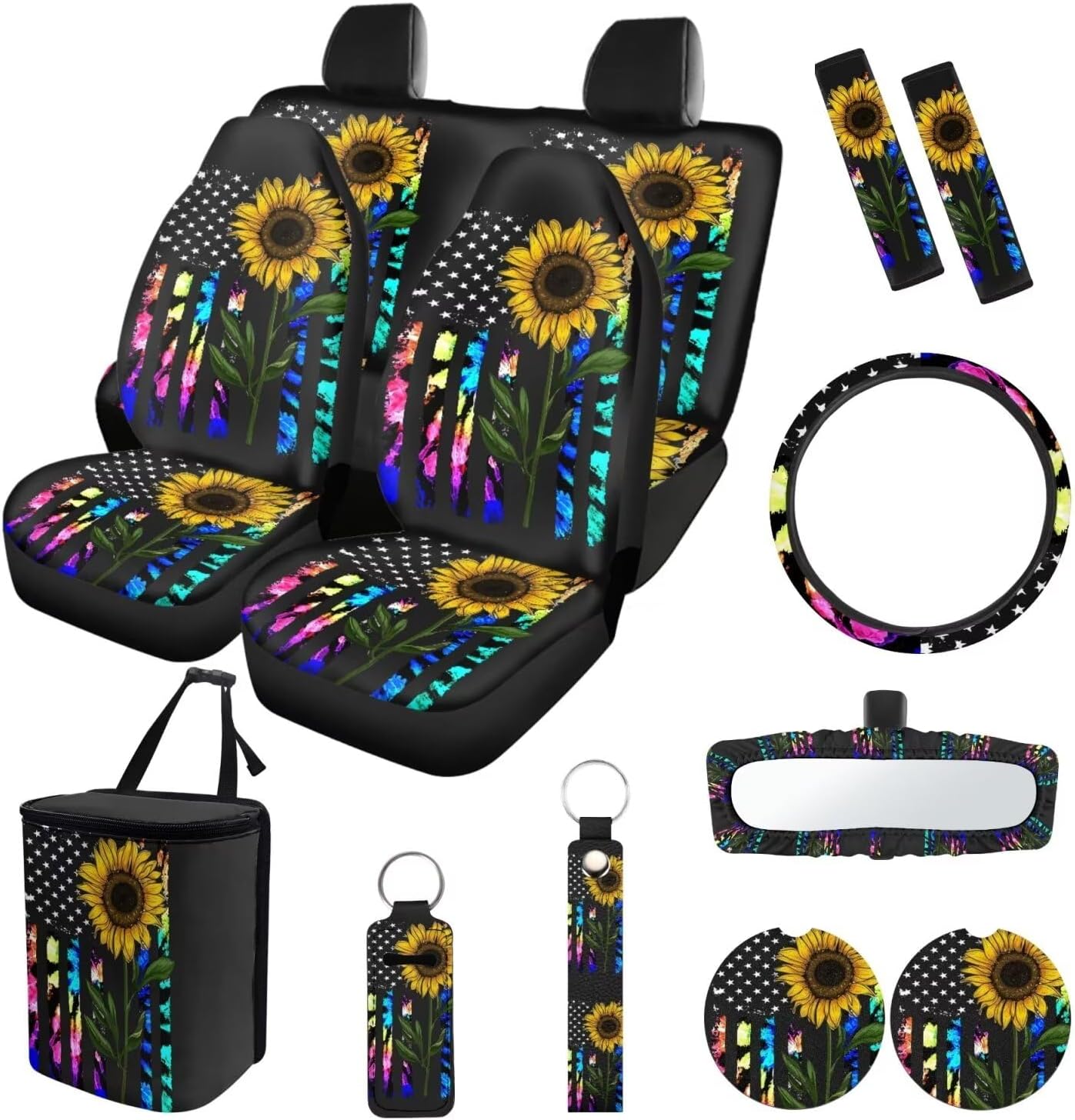 Suobstales Sunflower American Flag Tie Dye Print Car Seat Covers Set of 13 with Universal Steering Wheel Cover, Rearview Mirror Cover, Car Trash Can, Seatbelt Pads, Cup Holder Coasters, Keychains