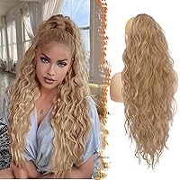 Vista 28 de BARSDAR Extensión de cola de caballo rojo burdeos, extensiones de cabello ondulado con cordón de 16 pulgadas para mujer, extensiones de cabello