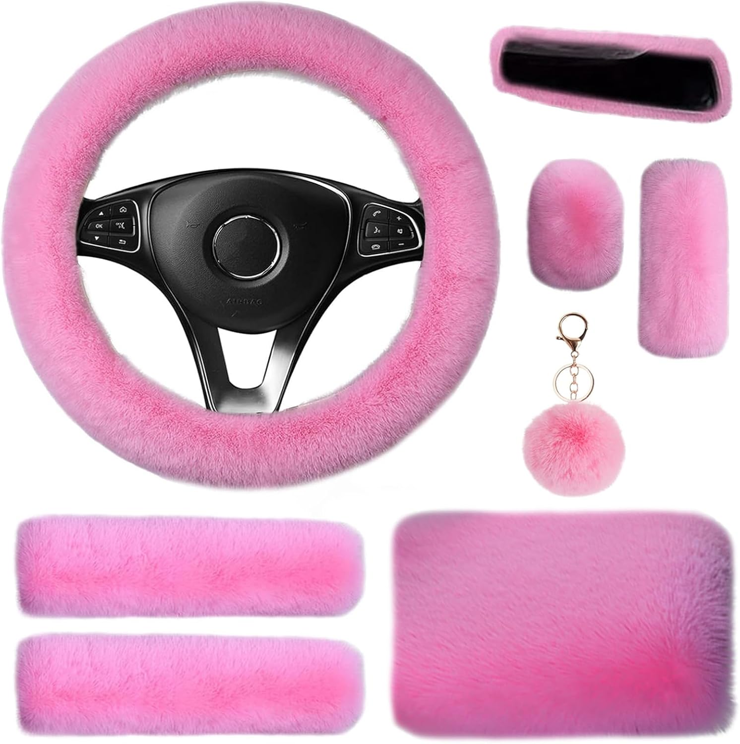 8 Pieces Fluffy Steering Wheel Cover Set, LUOYOYY Cute Fur Car Accessories Winter-Warm Furry Steering Wheel Cover Fashion Universal Fuzzy Car Accessories Sets for Women Girls (black) incomplete