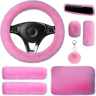 8 Pieces Fluffy Steering Wheel Cover Set, LUOYOYY Cute Fur Car Accessories Winter-Warm Furry Steering Wheel Cover Fashion Universal Fuzzy Car Accessories Sets for Women Girls (Pink)