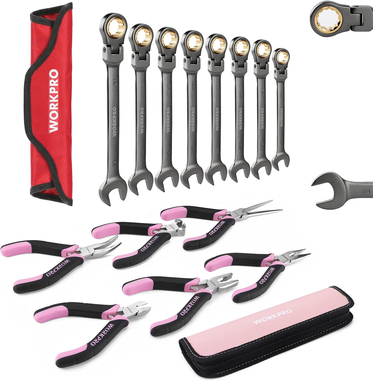WORKPRO 8-Piece Flex-Head Ratcheting Combination Wrench Set, SAE 6-Piece Mini Pliers Set