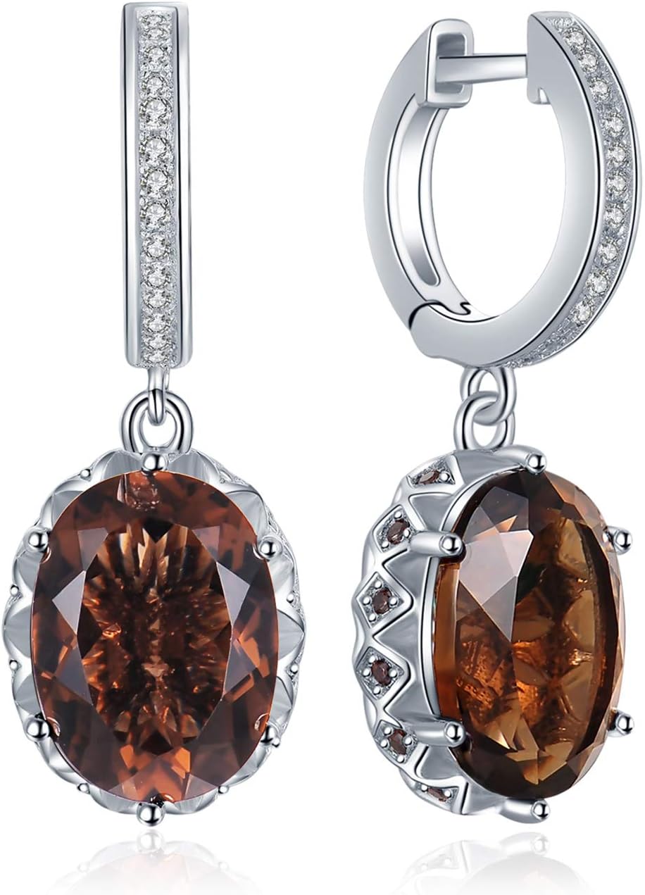 JewelryPalace Huge 7.2ct Oval Shape Natural Smoky Quartz Dangle Drop Earrings for Women, 14K White Yellow Rose Gold Plated 925 Sterling Silver Huggie Hoop Earrings, Natural Gemstone Jewelry Sets