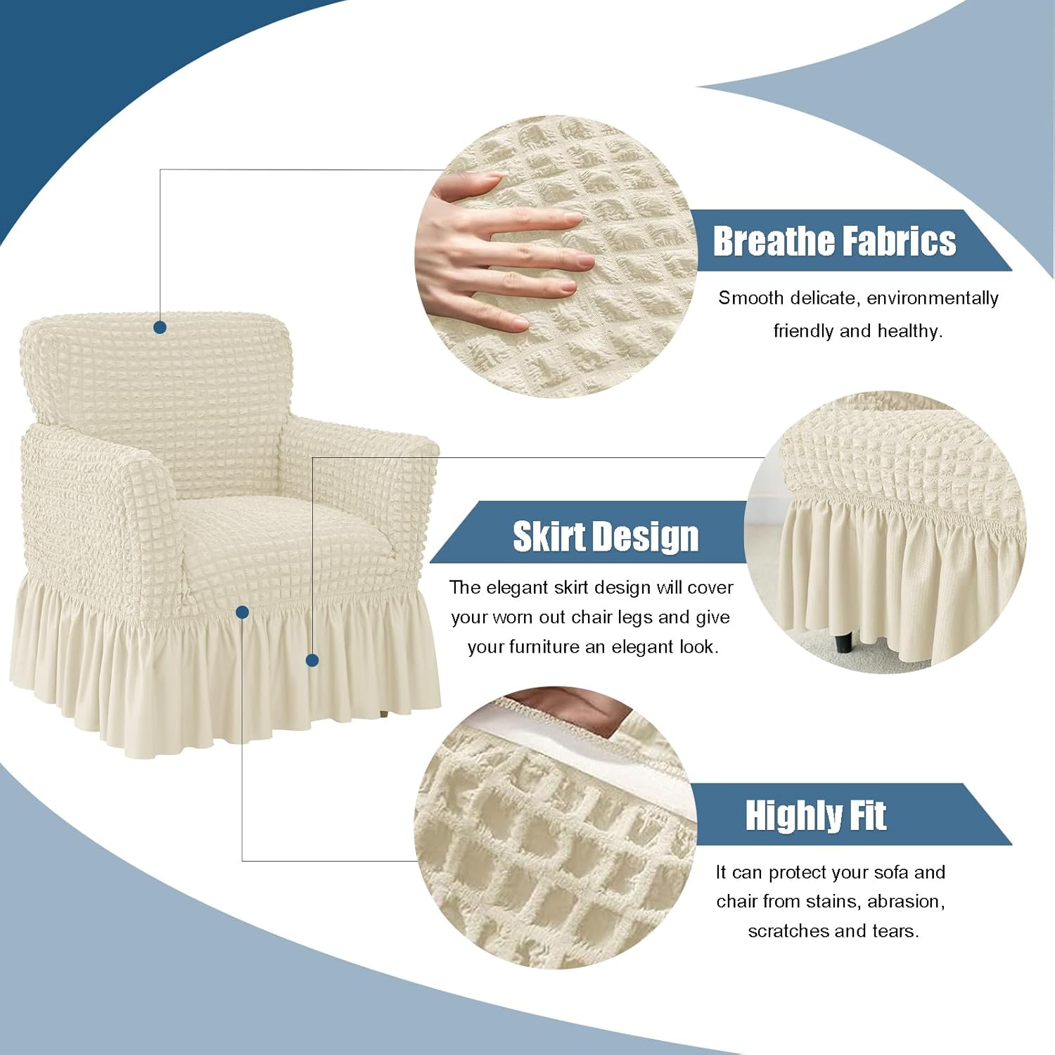 Armchair Cover with Arms, Stretch Accent Chair Cover with Skirt, Seersucker Bubble Textured Slipcover, Soft Washable Non-Slip Furniture Protector (Beige)