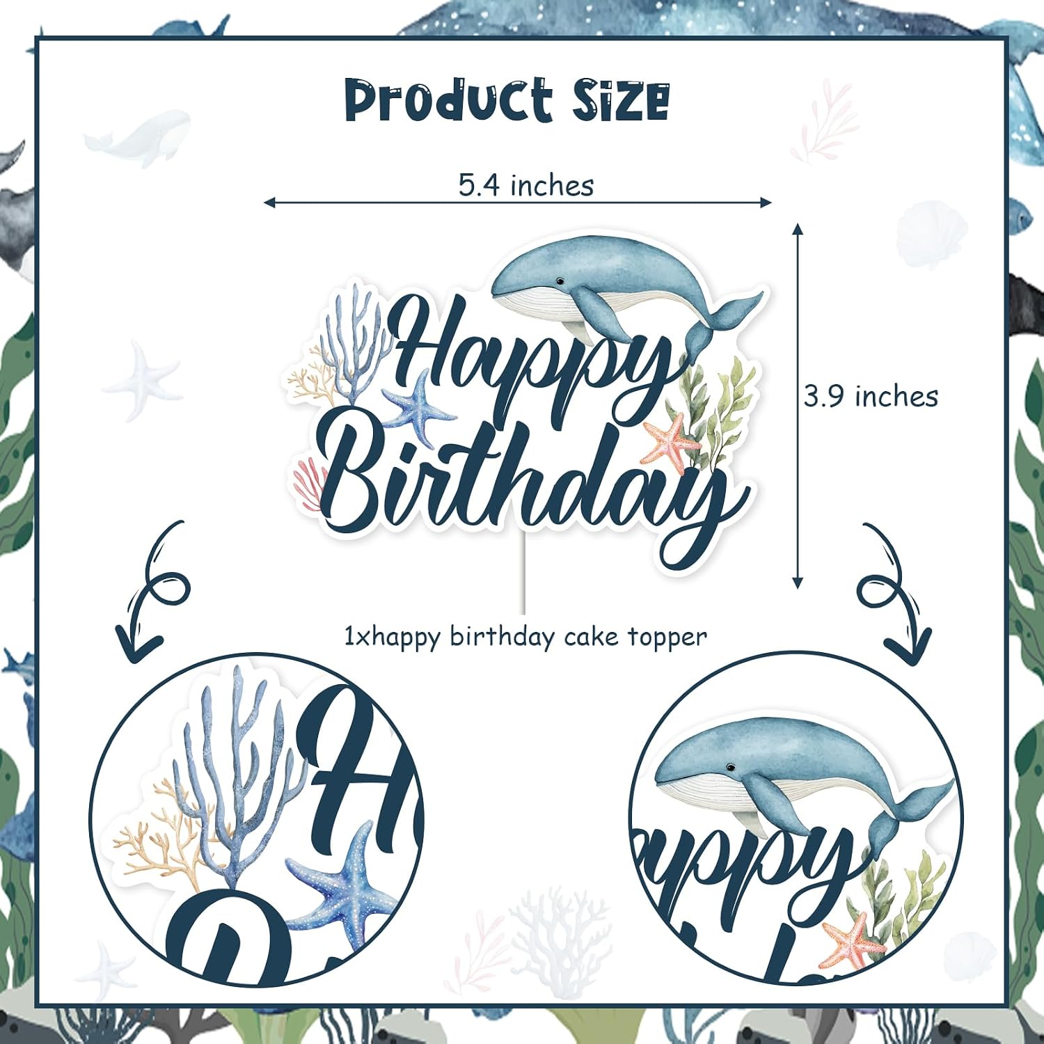 Whale Happy Birthday Cake Topper Whale Birthday Party Decorations Summer Ocean Cake Decorations Under The Sea Ocean Animals Sea Creature Cakes Topper for Boy Bday Baby Shower Party