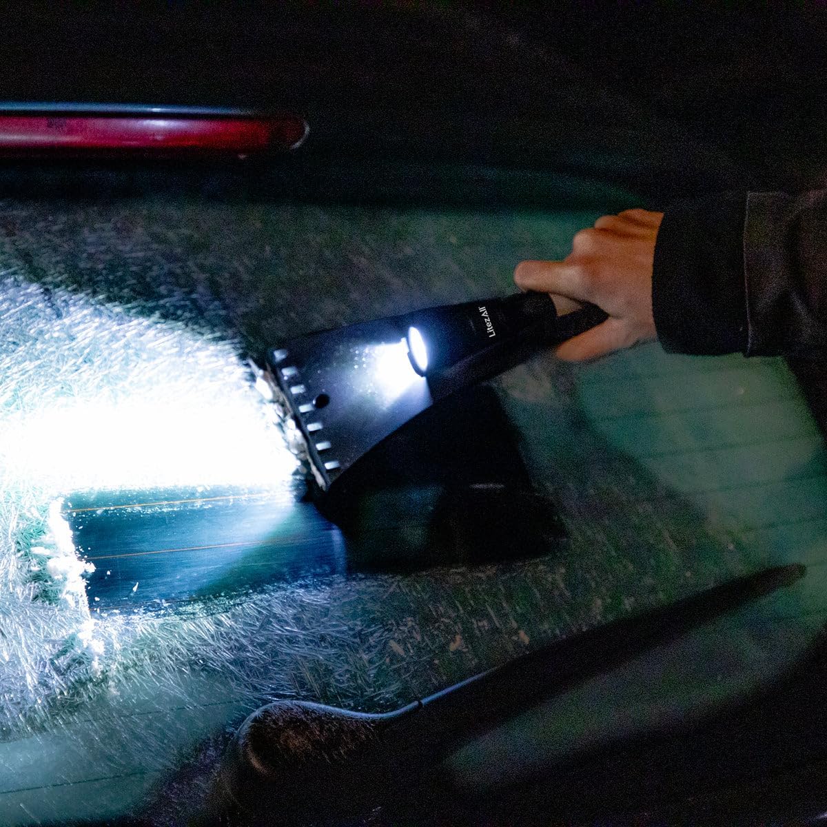 LitezAll Icy Light Ice Scraper with Removable Utility Flashlight | 200 Lumen Magnetic COB LED Work Light | Heavy Duty Winter Auto Tool | 3 AAA Batteries Included
