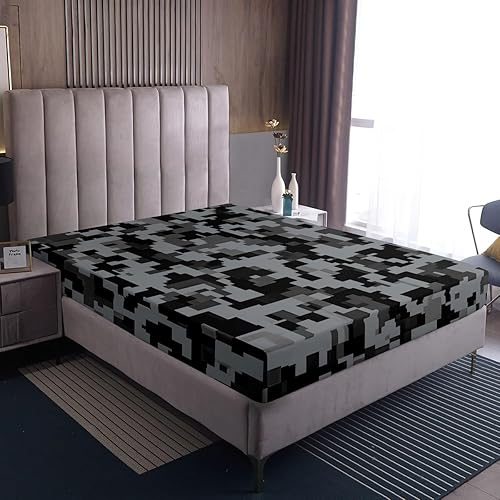 Miniatura 3 de Sábanas bajeras de camuflaje para niños, adolescentes, jóvenes y adultos, juego de ropa de cama militar negro gris con 2 fundas de almohada, juego