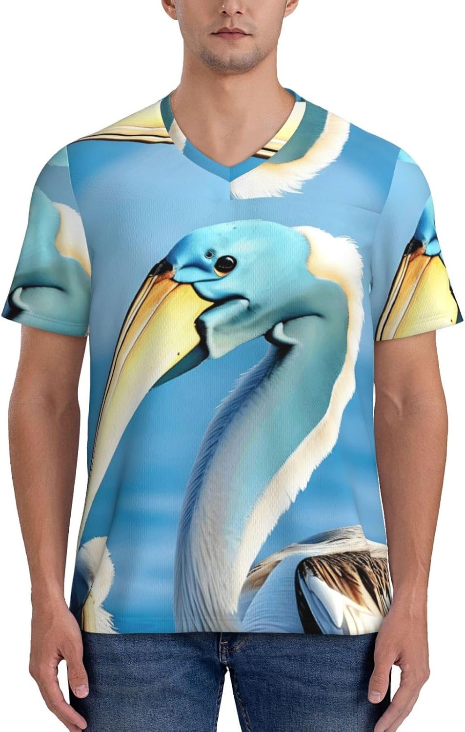 Pelican Bird Blue Sea Sky Rugby Football Jersey for Men, Comfortable V-Neck Loose Fit Top for Team Sports Athletics
