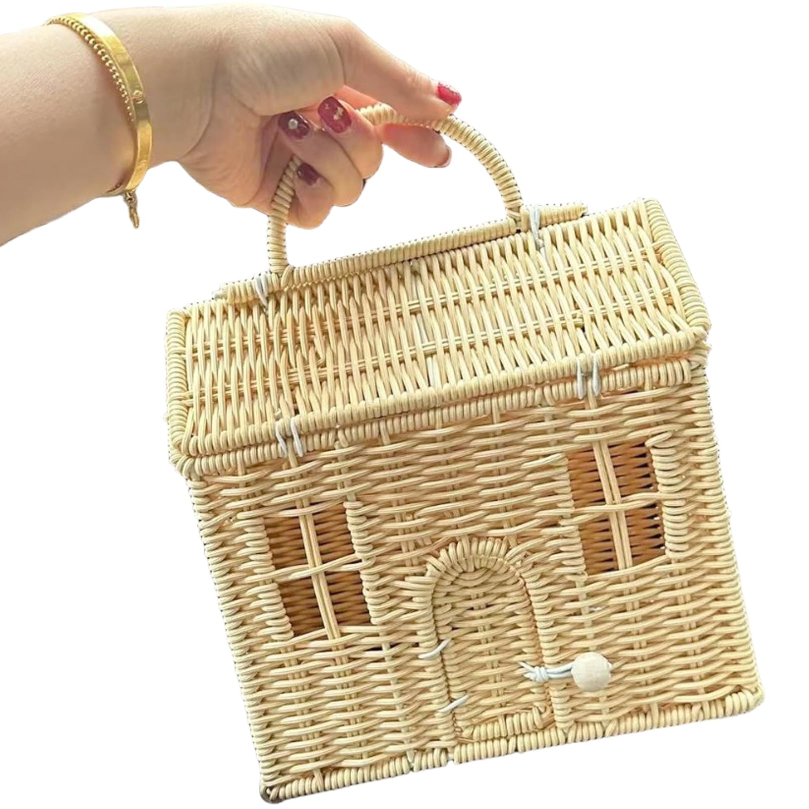 NASSMOSSE Garden Harvest Basket, 8x5x10 Inch House Shaped Rattan Picnic Basket with Lid & Handle, Button Closure Wicker Suitcase for Organizing, Storage