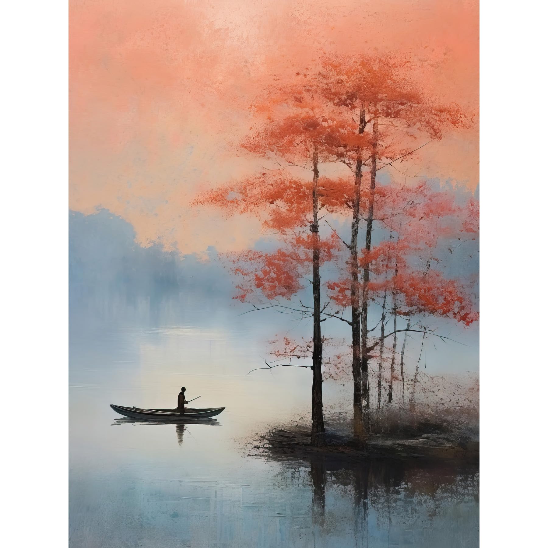 Artery8 Canoe Boat Misty Lake Oil Painting Landscape Poster - Blue Pink Blossom Tree Early Morning - W24 inch x H32 inch