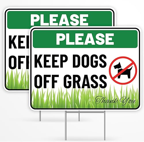 Letrero con estaca con estaca con texto en inglés "Keep Dogs Off Lawn con estaca", plástico corrugado, con texto en inglés "Please Keep Dogs Off